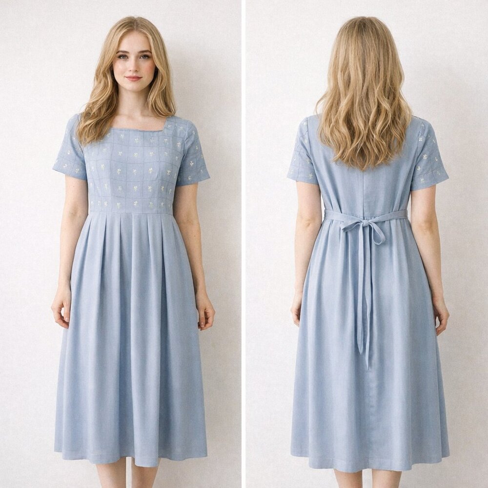 dress blue midi 6 petite zip embroidery floral cottagecore coastal teacher - Picture 2 of 12